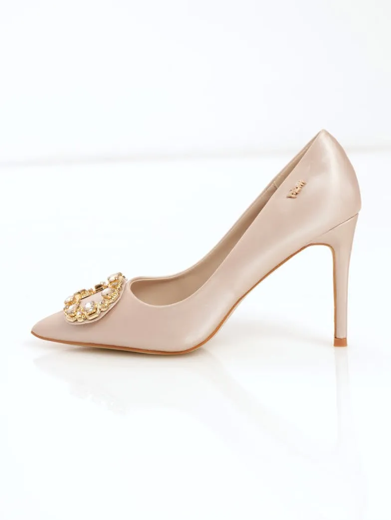 Ladies Satin Court Heel With Buckle - Gold