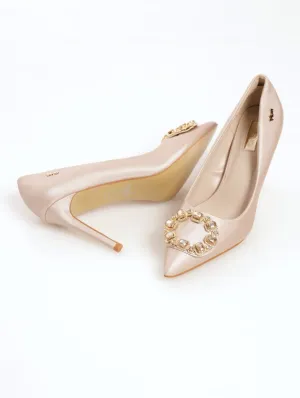 Ladies Satin Court Heel With Buckle - Gold