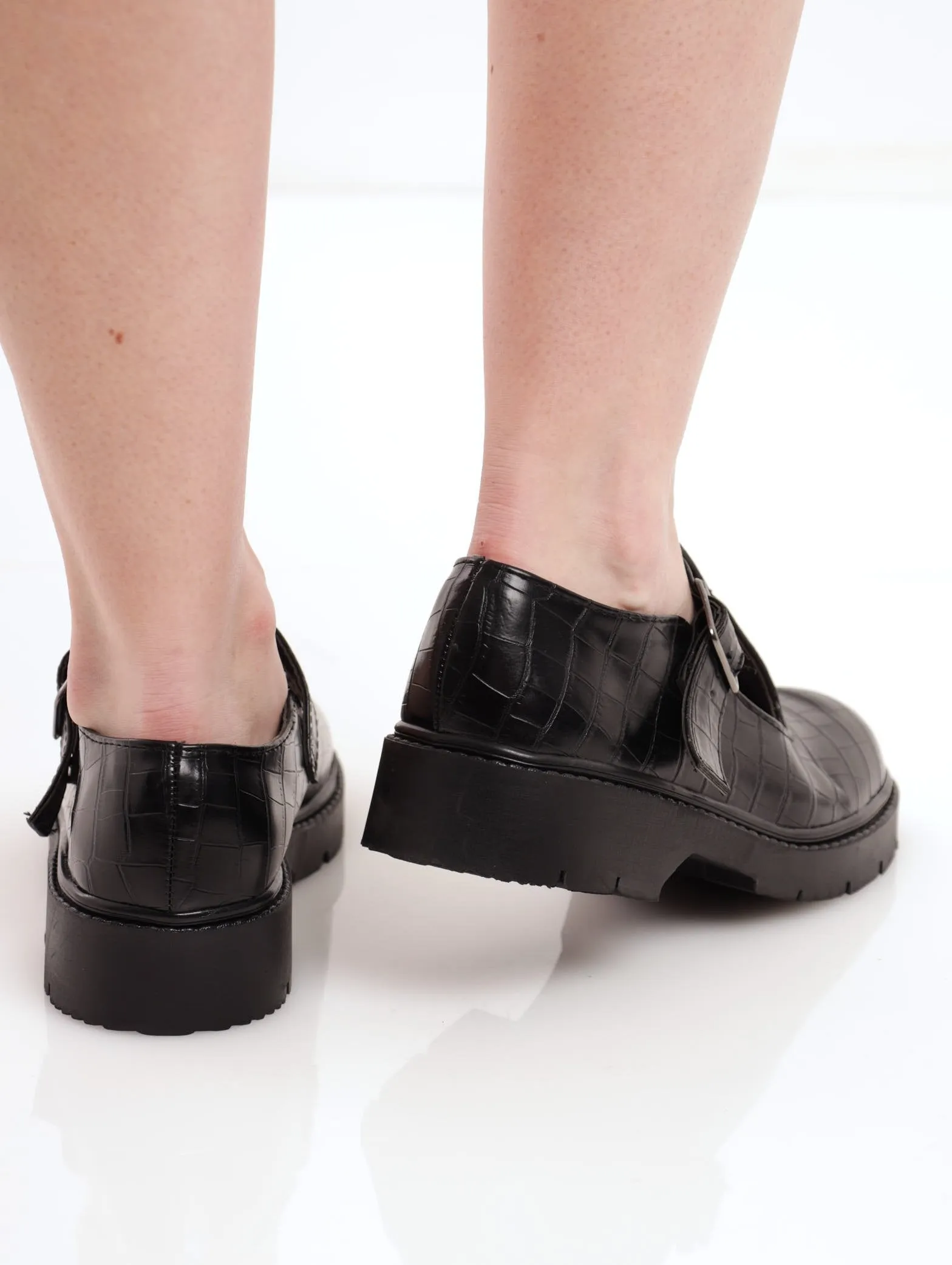 Ladies T-Bar Mary-Jane Chunky Croc PU Shoe - Black
