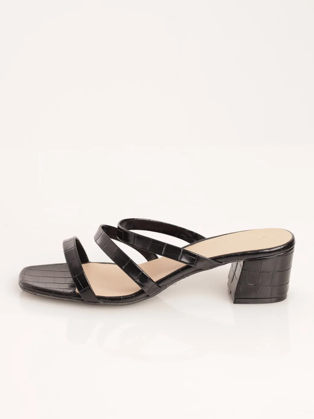 Ladies Three Strap Mule Croc On Block Heel - Black
