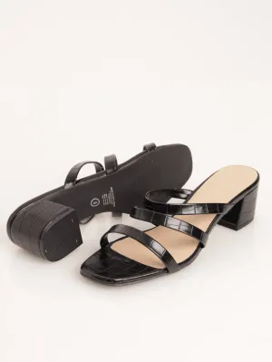 Ladies Three Strap Mule Croc On Block Heel - Black