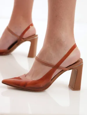 Ladies Yris Pointed Closed Toe Sling Back Block Heel - Beige