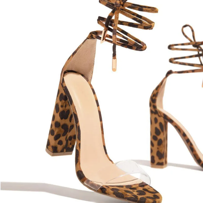 Leopard Pattern Transparent Strap Bandage Chunky Heels