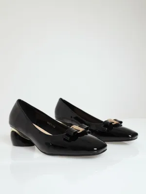 Low Ornamental Heel Pump With Bow - Black