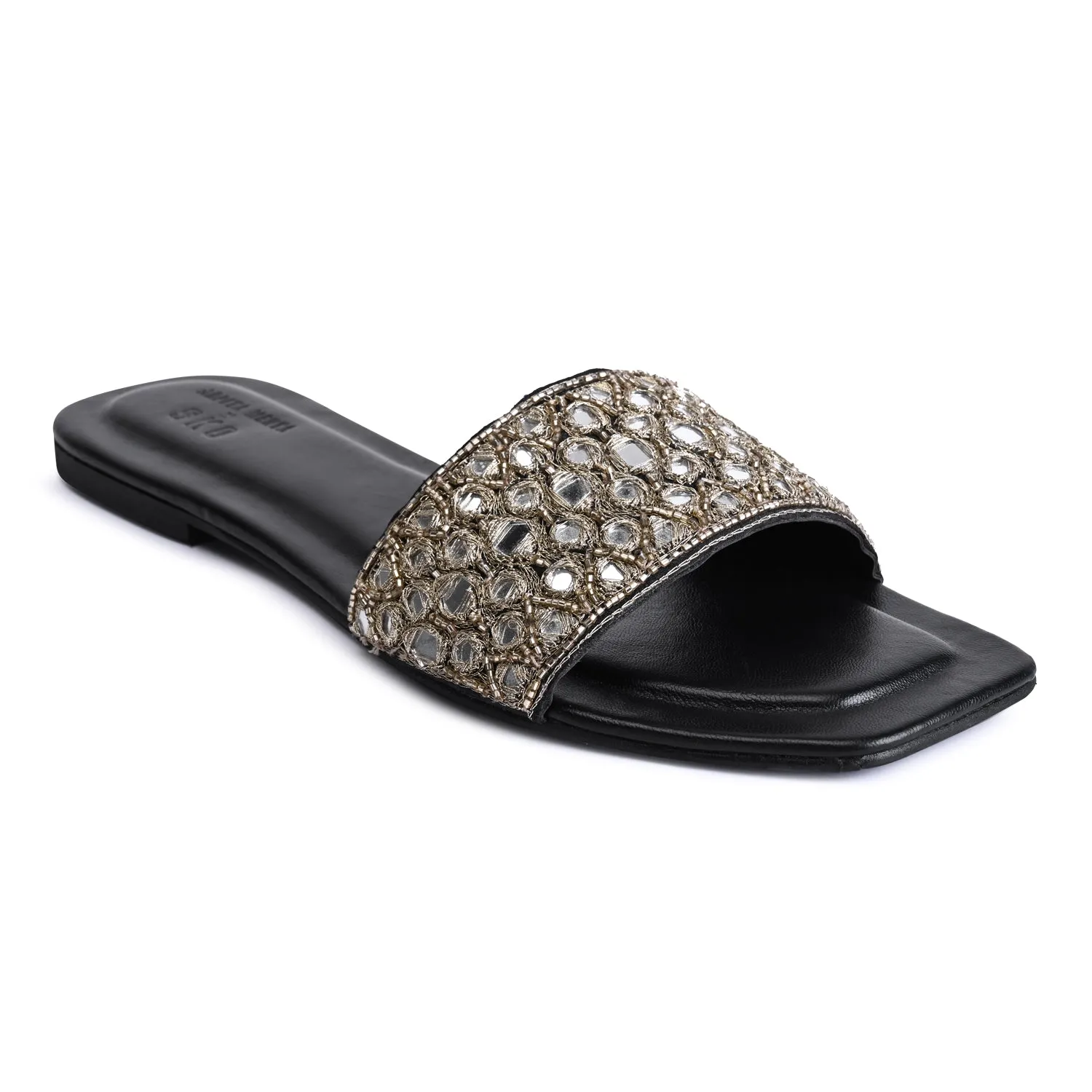 Luxe Reflective Noir Flat Sandals For Women