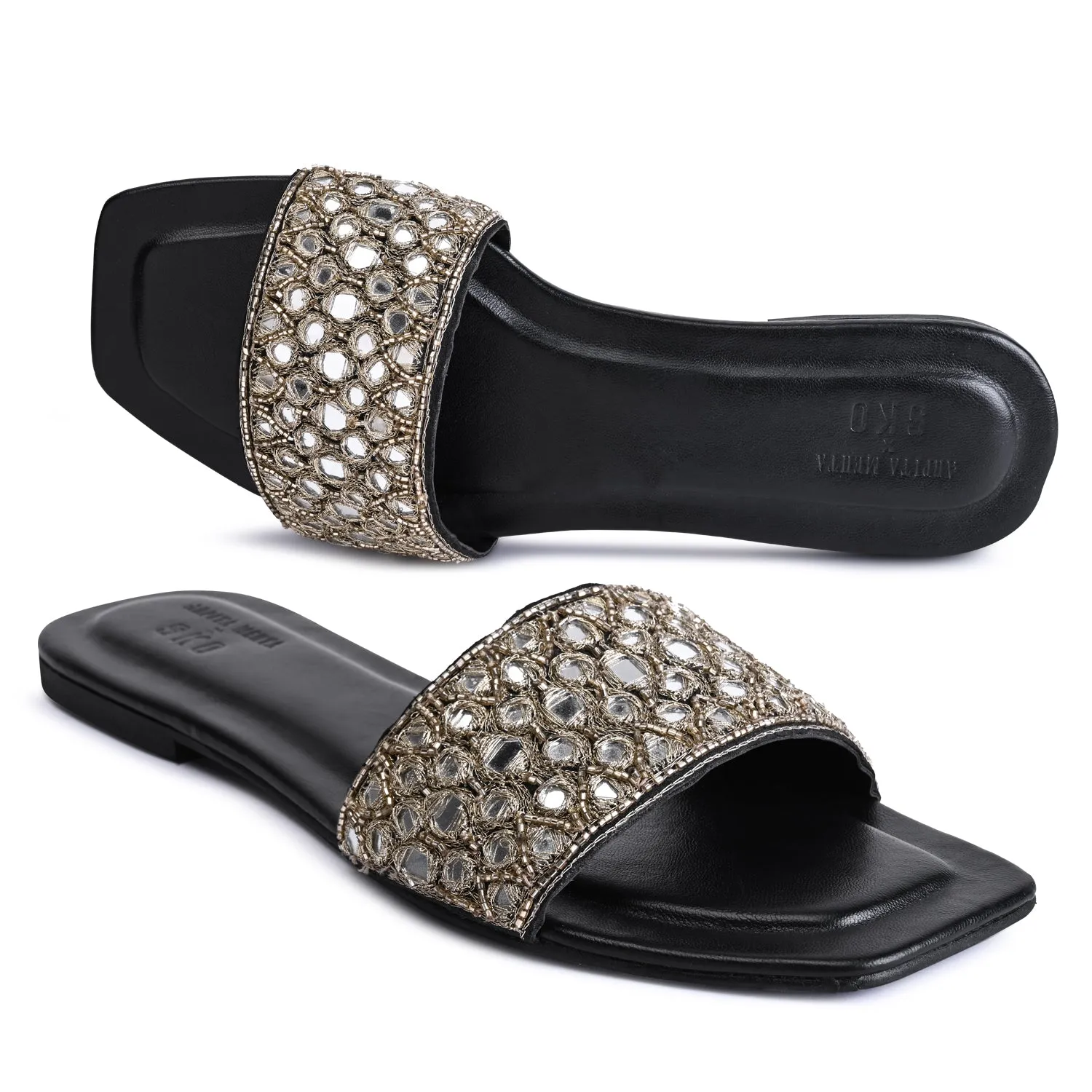 Luxe Reflective Noir Flat Sandals For Women
