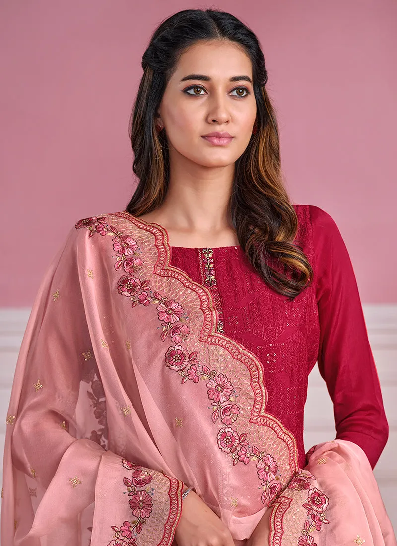Magenta Two Tone Chikankari Embroidery Pant Suit
