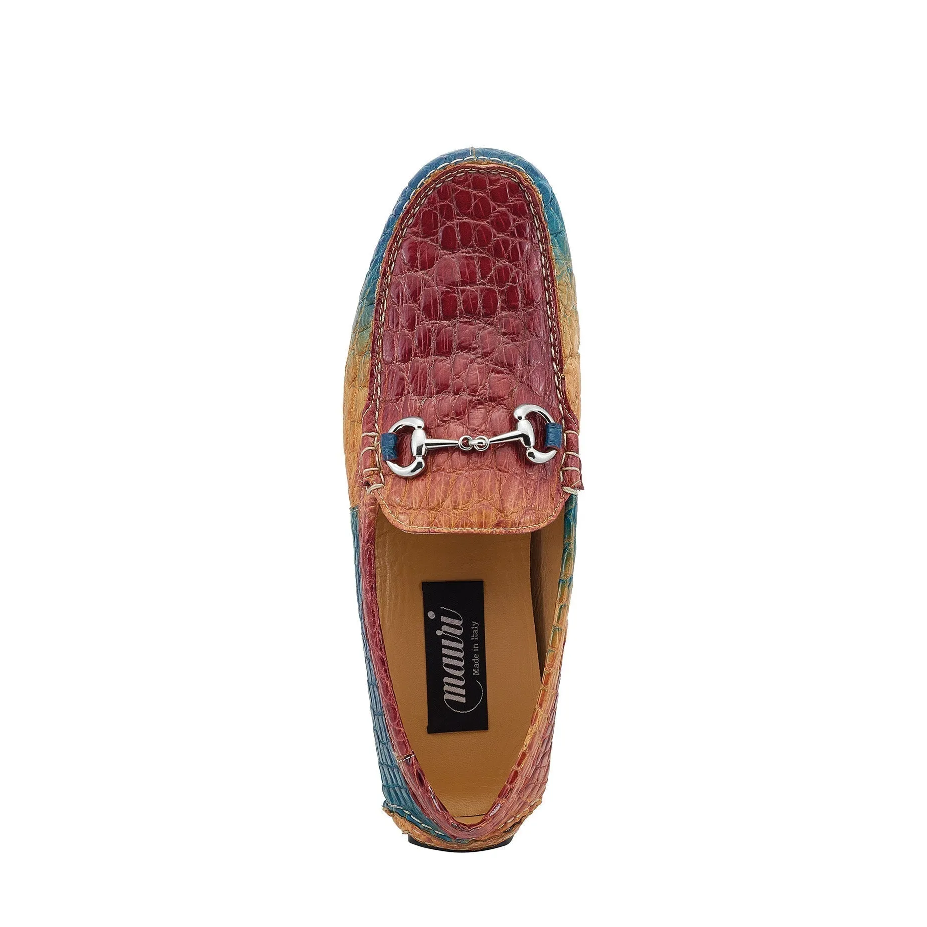 Mauri Scenic in Toffee / Blue / Rasberry Mens Exotic Alligator Driver Moccasins Loafers