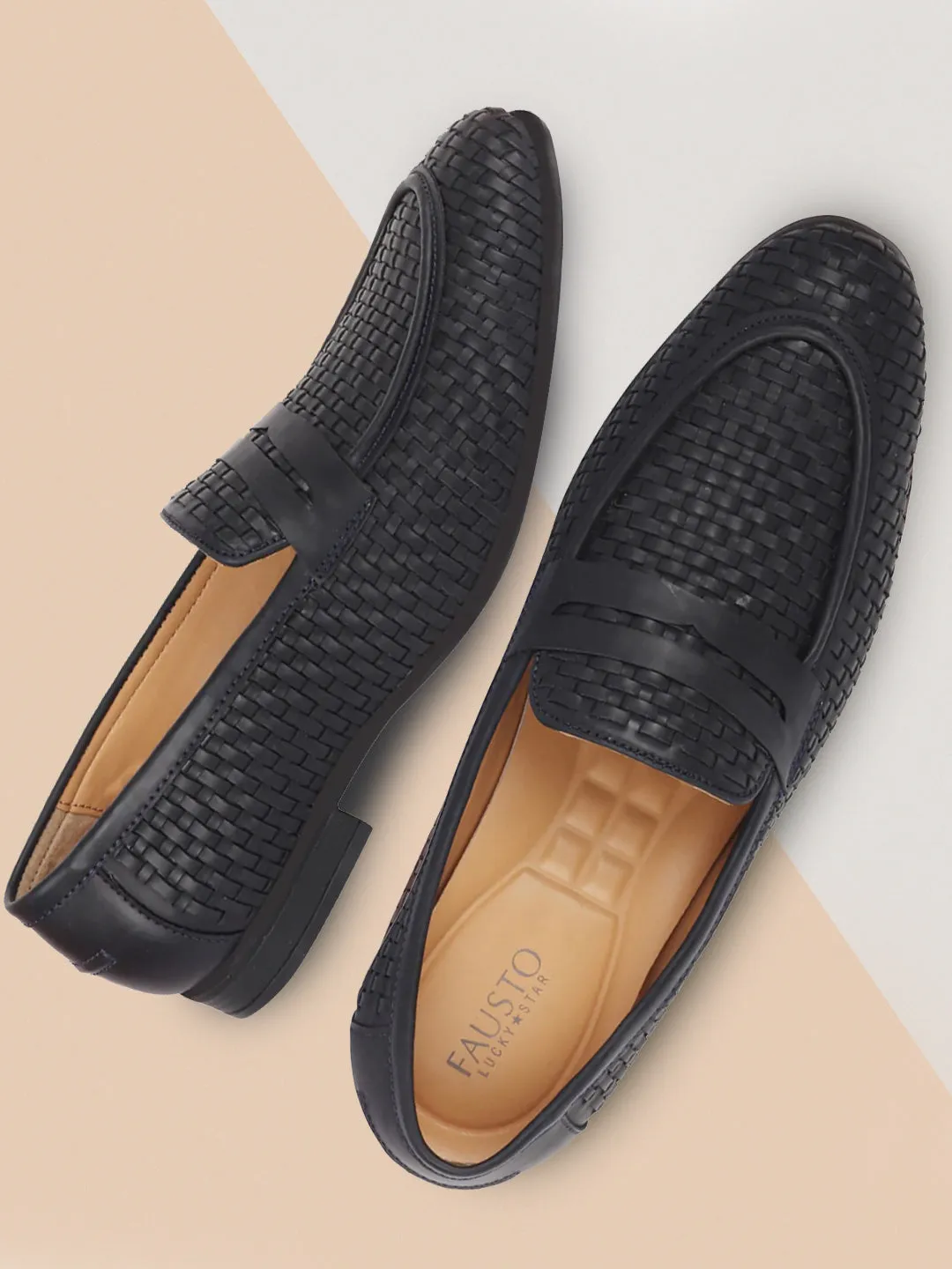 Men Navy Blue Hand Knitted Design Penny Loafer Slip On Shoes