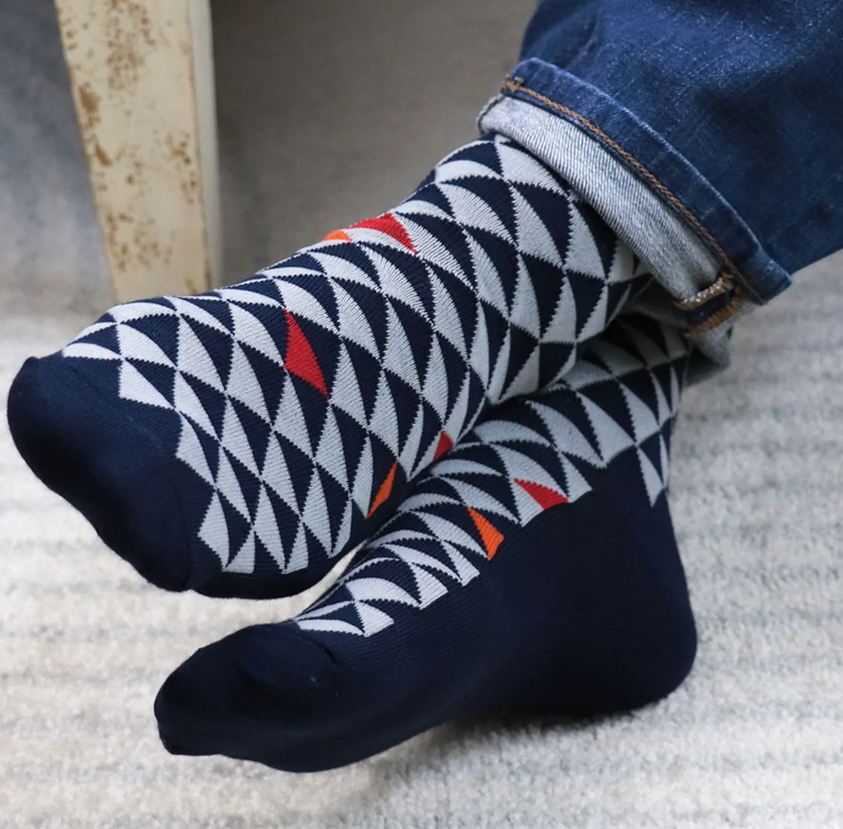 Men’s black and orange mix stripe triangle bamboo sock trio Box