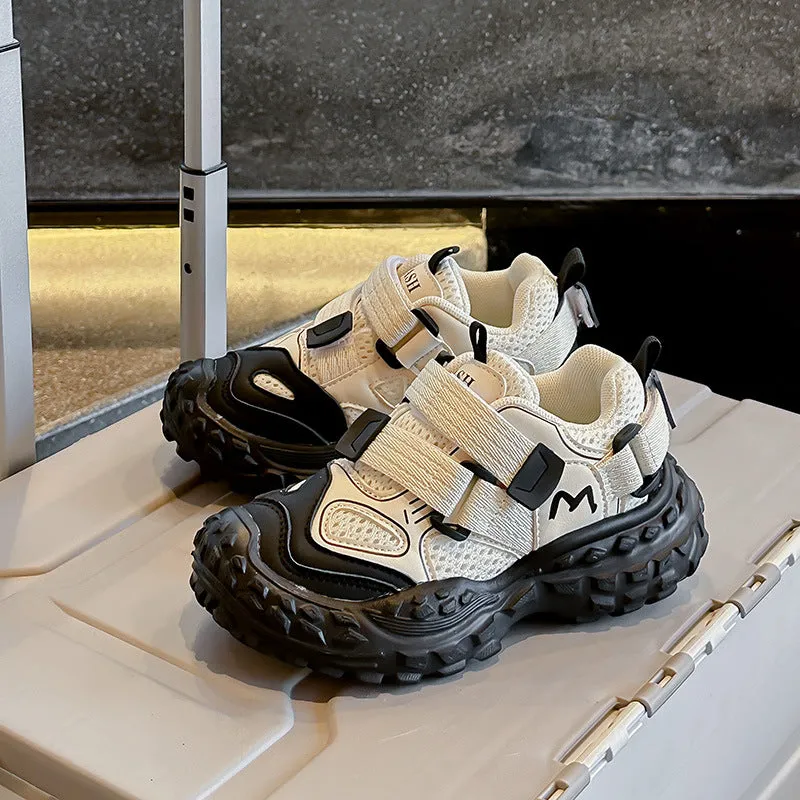 MESH DOUBLE VELCRO CLOSURE SNEAKERS - WHITE & BLACK