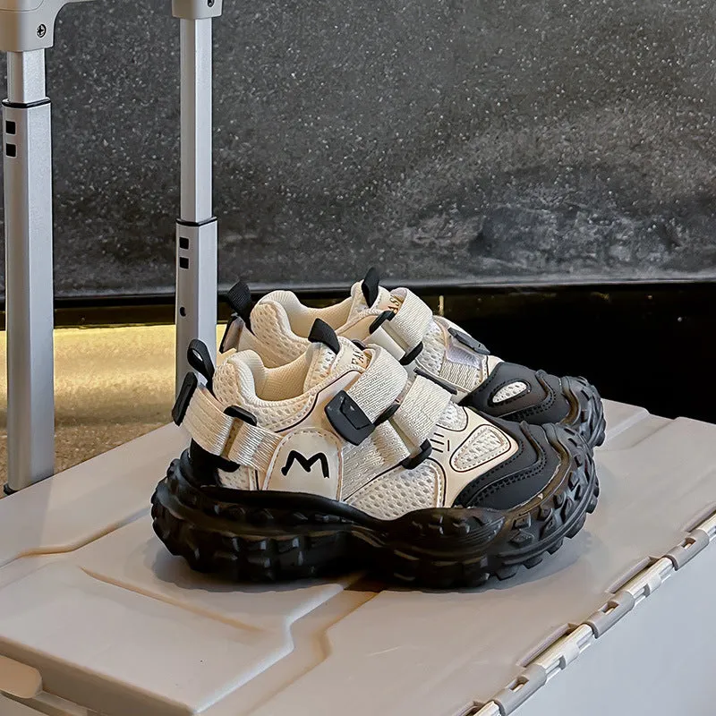 MESH DOUBLE VELCRO CLOSURE SNEAKERS - WHITE & BLACK
