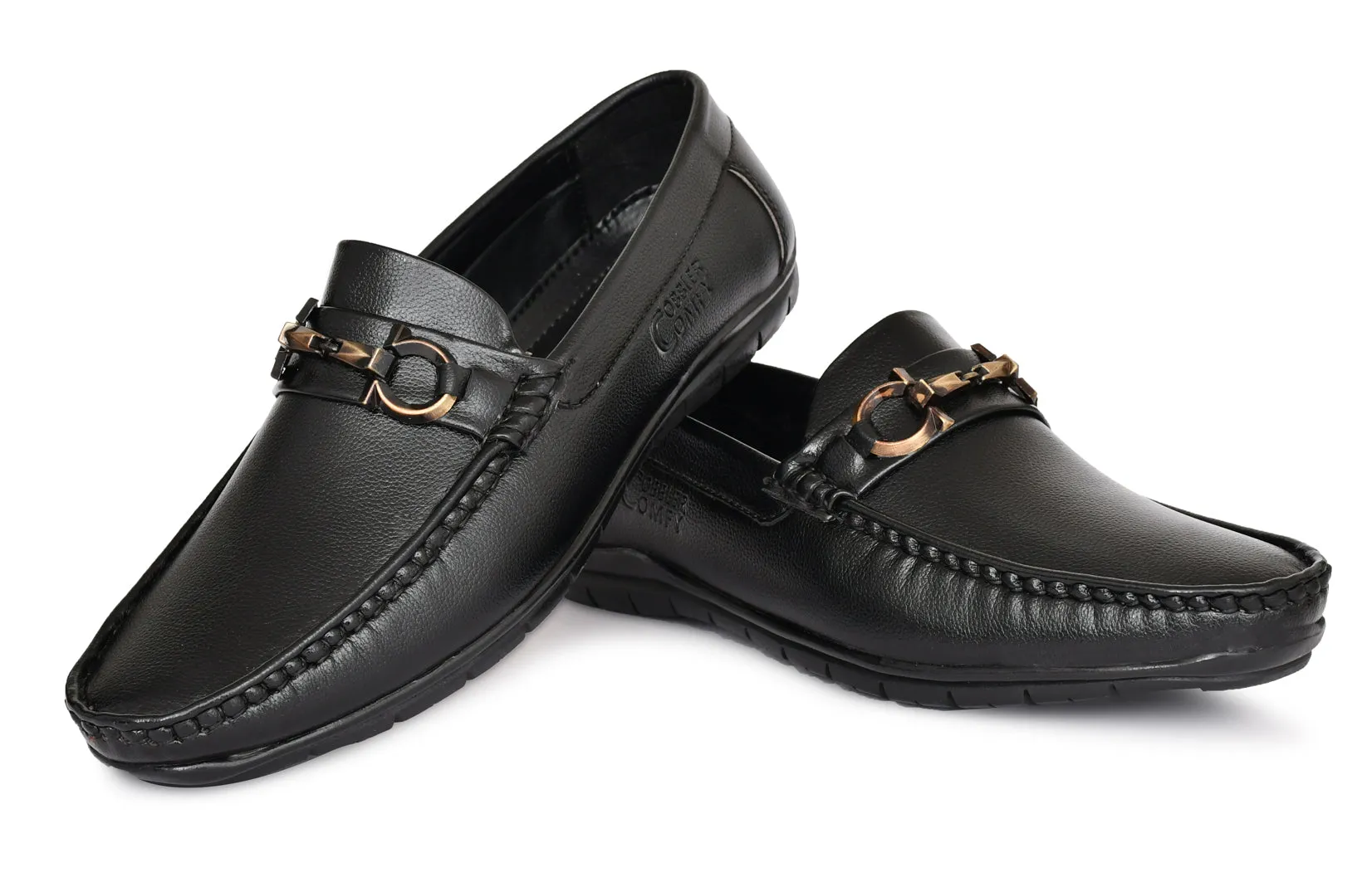 Neat Look Loafers for Men with Double Stitch & Metallic Buckle | Black