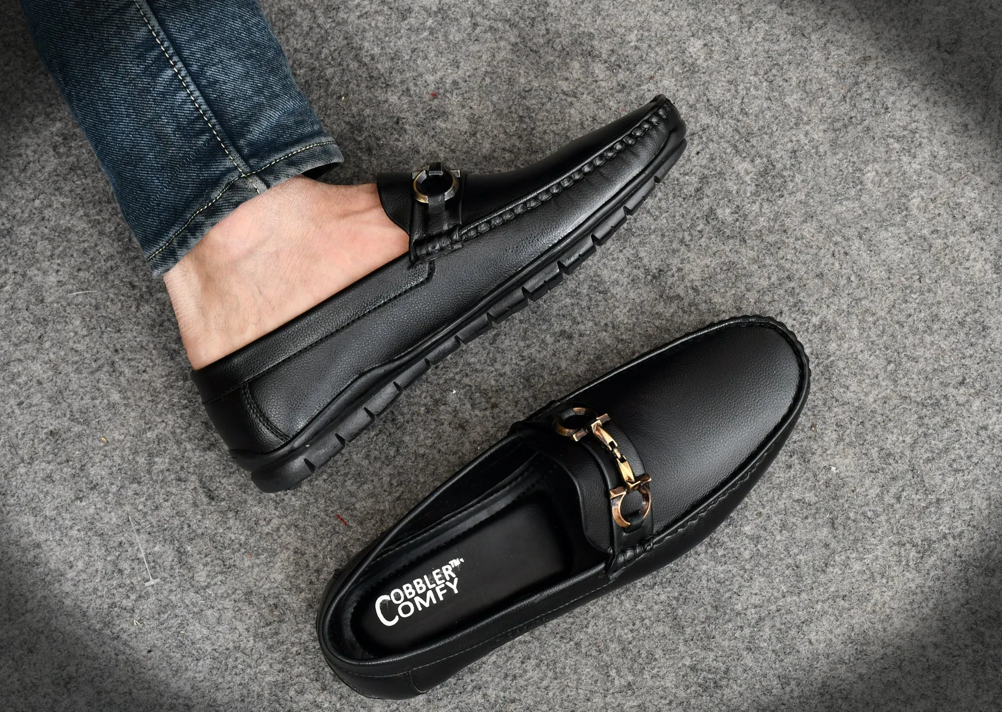 Neat Look Loafers for Men with Double Stitch & Metallic Buckle | Black