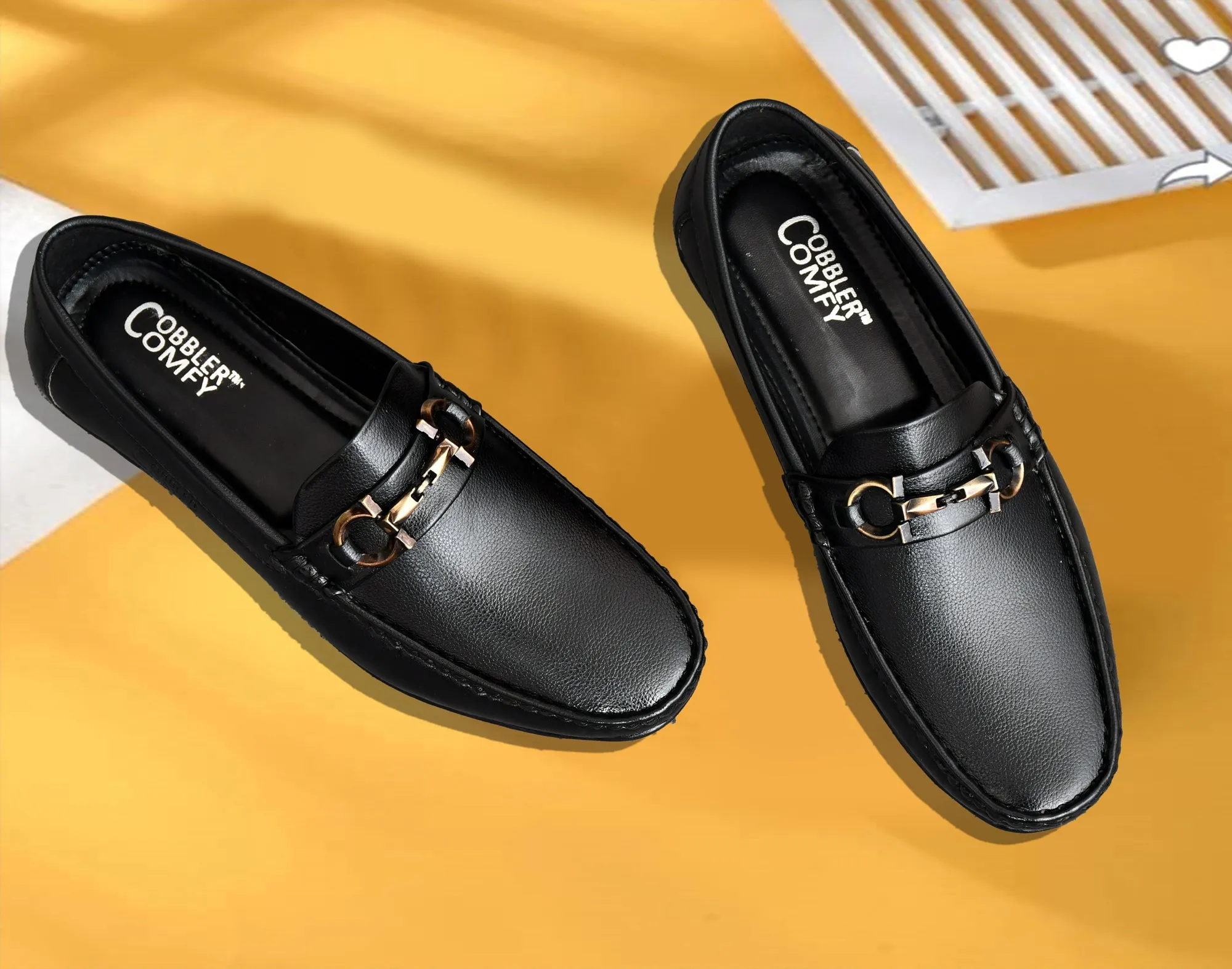 Neat Look Loafers for Men with Double Stitch & Metallic Buckle | Black