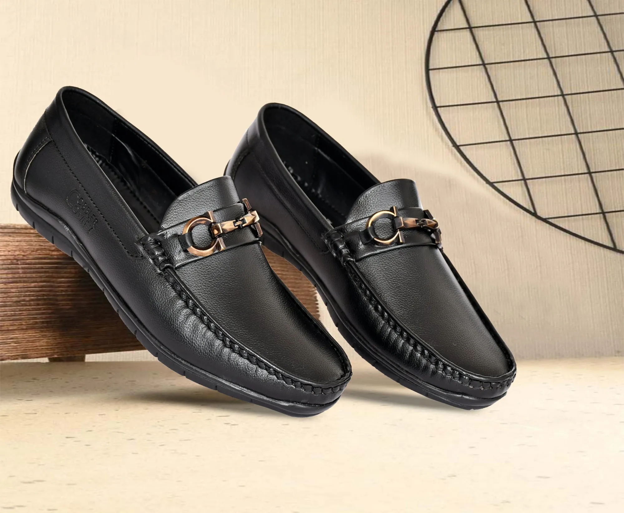 Neat Look Loafers for Men with Double Stitch & Metallic Buckle | Black