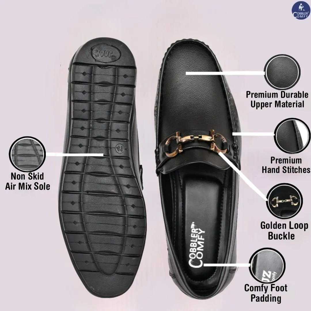 Neat Look Loafers for Men with Double Stitch & Metallic Buckle | Black