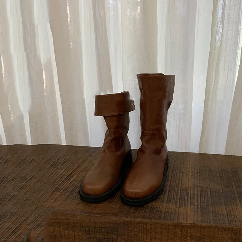 NEW & INSTOCK - Korean Style Leather Soft Leather Folded Boots