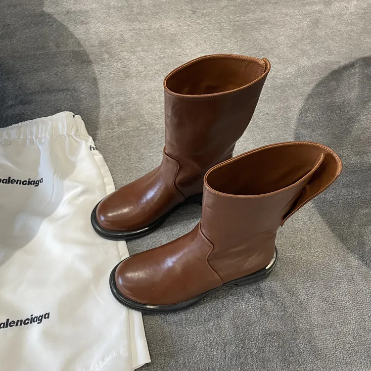 NEW & INSTOCK - Korean Style Leather Soft Leather Folded Boots