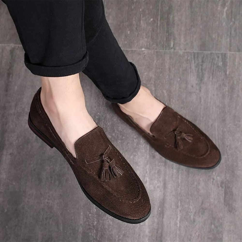 NXY Men's Suede Slippers Loafers Dress Shoes with Tassel Flats Slip-on Prom Loafer