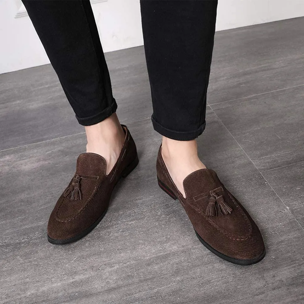 NXY Men's Suede Slippers Loafers Dress Shoes with Tassel Flats Slip-on Prom Loafer