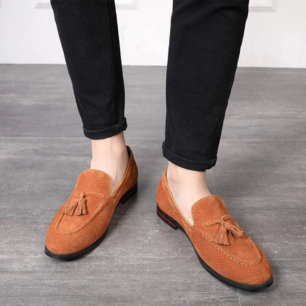 NXY Men's Suede Slippers Loafers Dress Shoes with Tassel Flats Slip-on Prom Loafer