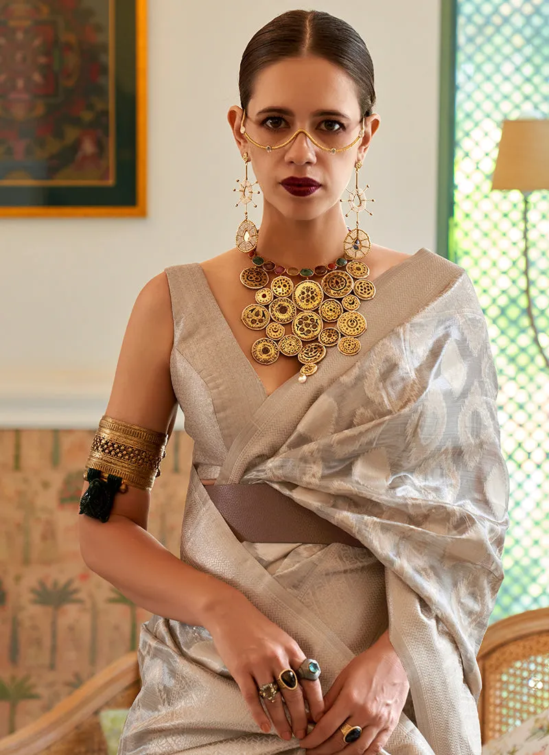 Off White Weaved Printed Handloom Silk Saree