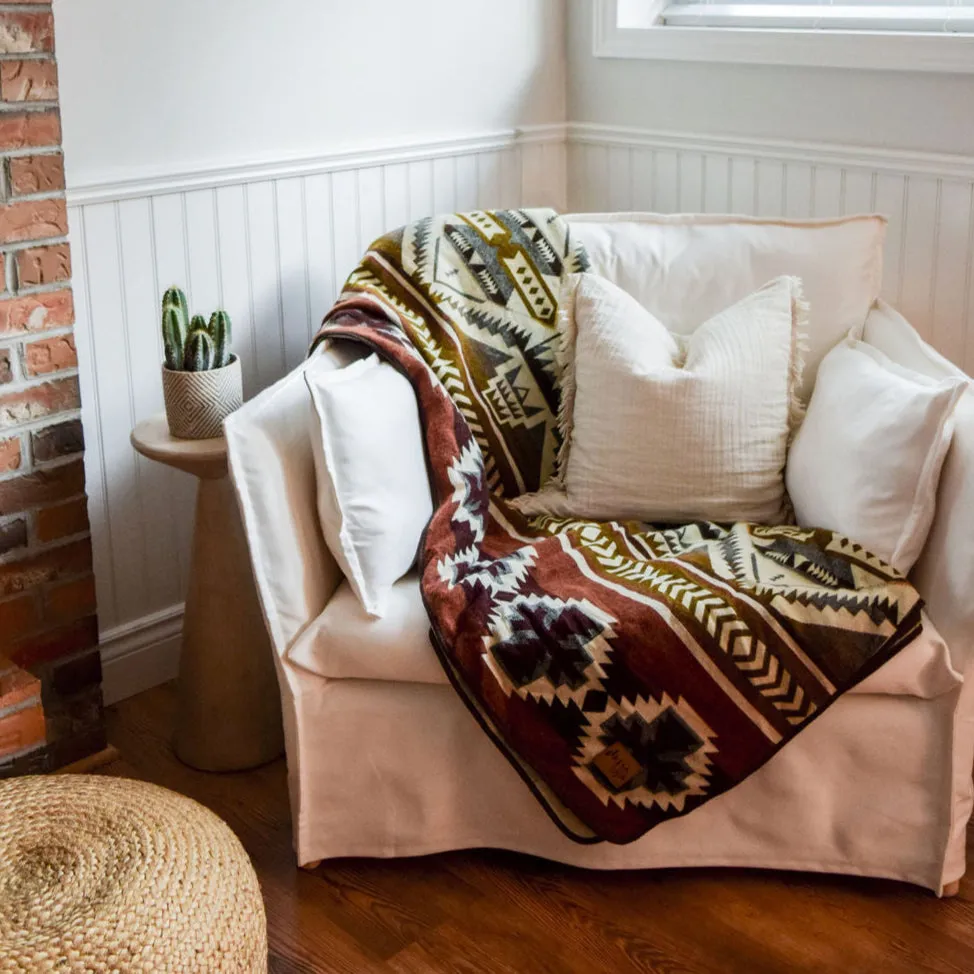 Olmedo Aztec Reversible Blanket  //  Mustard/Dusty Rose/Brown