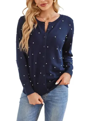 Orbit Button-Up Pearl Embellished Knit Cardigan Sweater