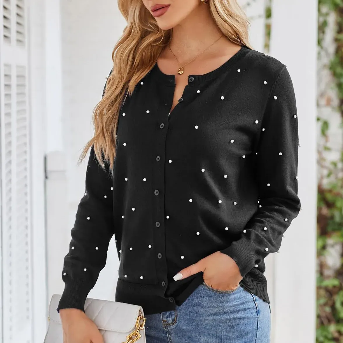 Orbit Button-Up Pearl Embellished Knit Cardigan Sweater