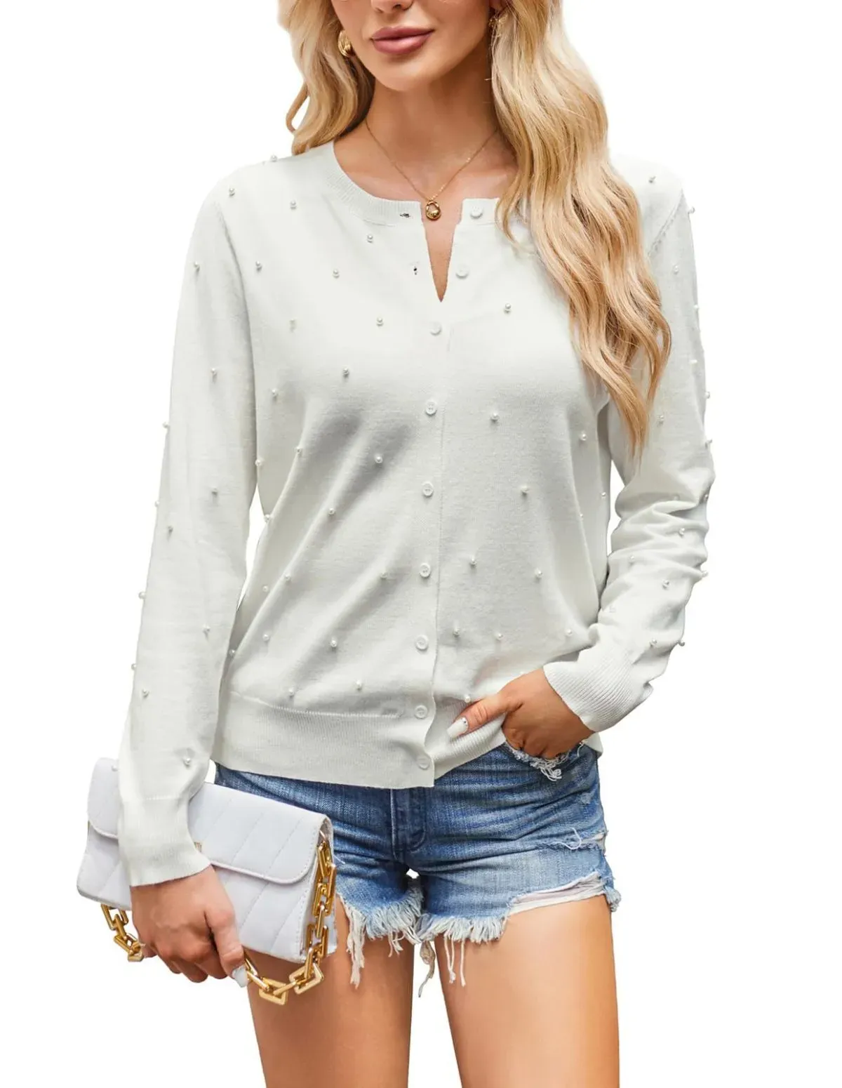 Orbit Button-Up Pearl Embellished Knit Cardigan Sweater