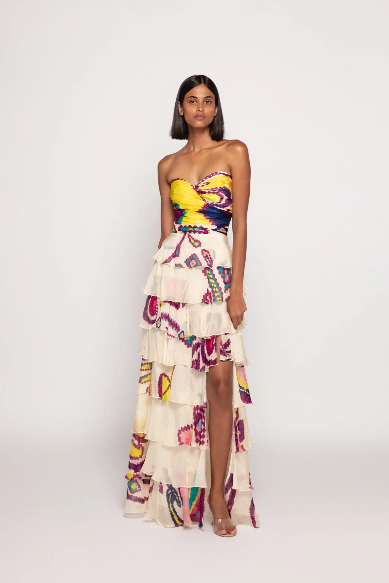 Paisley Print, 8 Tier Strapless Dress With Customisable Side Slit And Cross