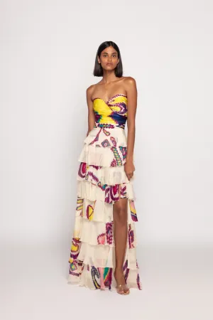 Paisley Print, 8 Tier Strapless Dress With Customisable Side Slit And Cross