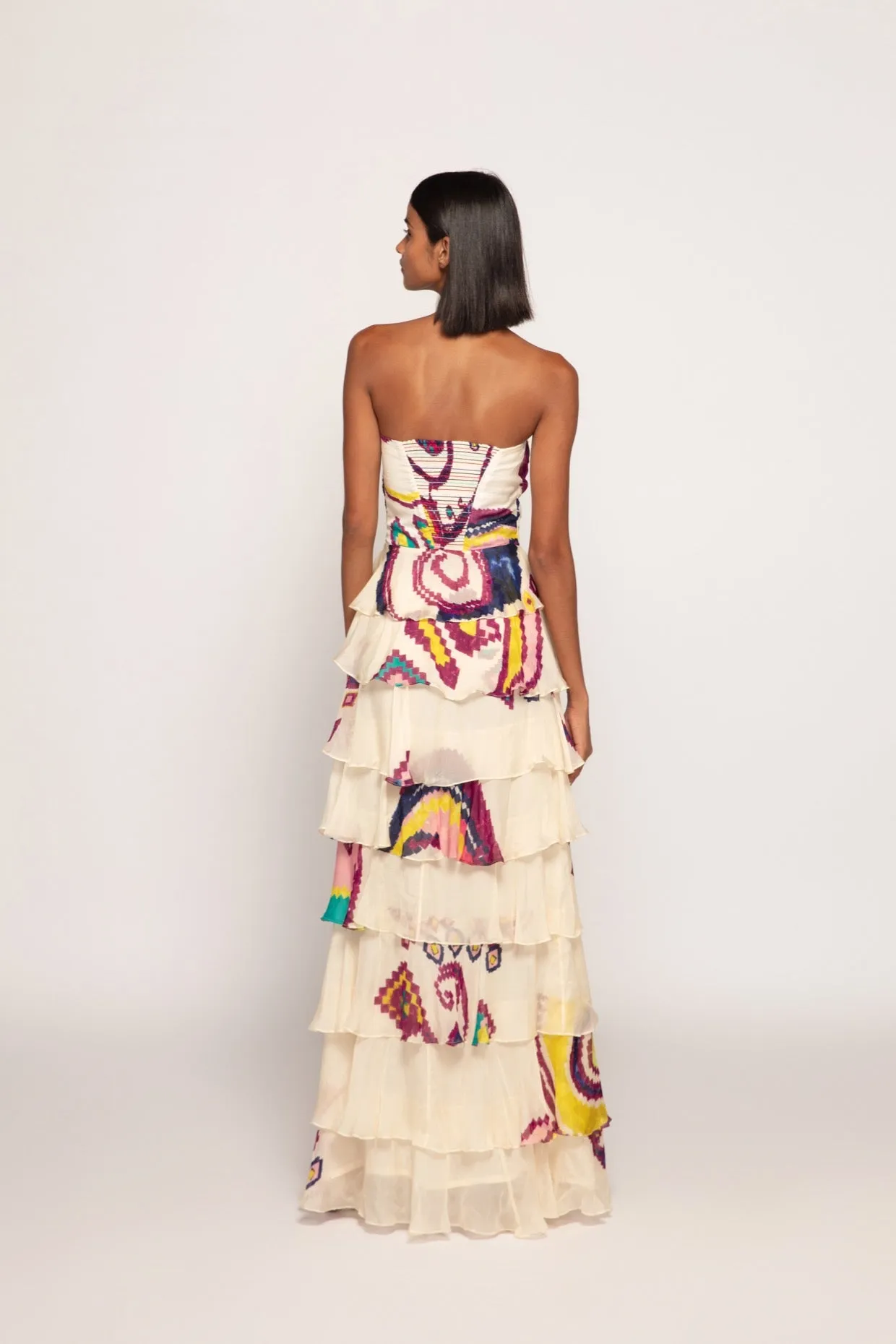 Paisley Print, 8 Tier Strapless Dress With Customisable Side Slit And Cross