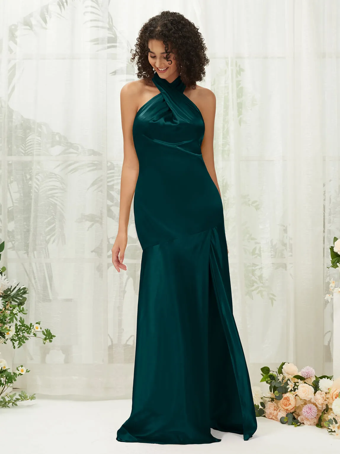 Peacock Satin Halter Neck Sleeveless Maxi Bridesmaid Dress With Slit