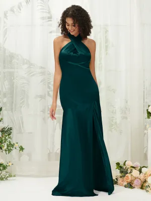 Peacock Satin Halter Neck Sleeveless Maxi Bridesmaid Dress With Slit