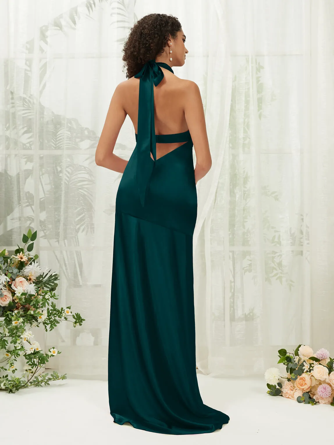 Peacock Satin Halter Neck Sleeveless Maxi Bridesmaid Dress With Slit