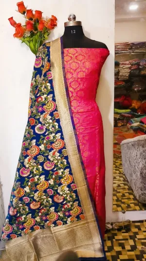Pink Banarasi Silk Katan Dyeable Suit with Blue Dupatta