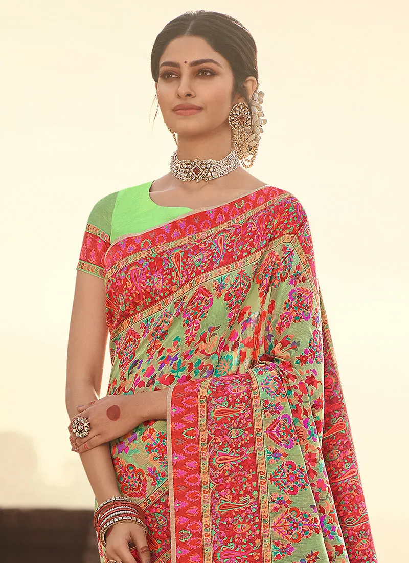 Pista Green Multi Traditional Motifs Detailed Banarasi Kora Silk Saree