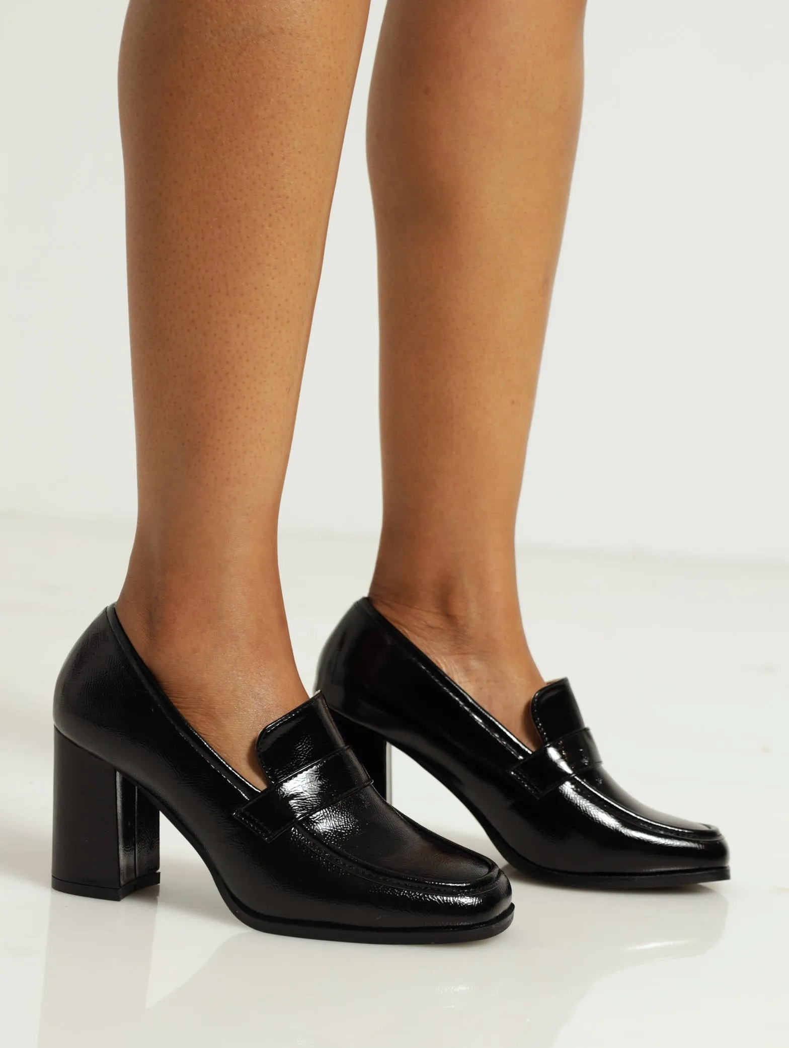Plain Block Heel Loafer - Black