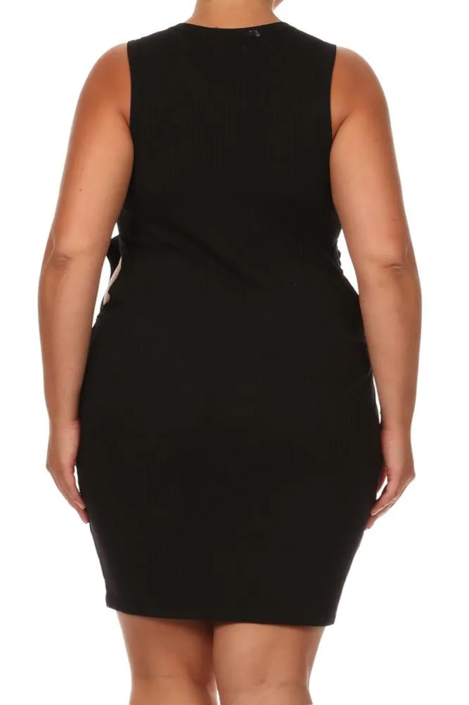 Plus Size Sassy Cut Out Ribbed Mini Black Dress