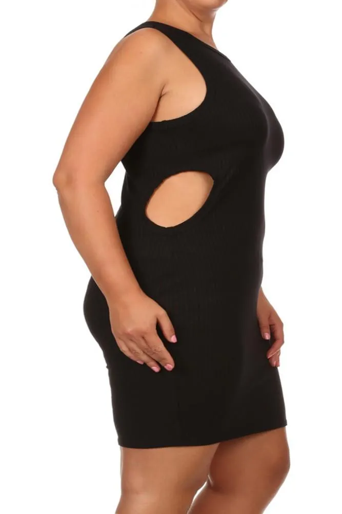Plus Size Sassy Cut Out Ribbed Mini Black Dress
