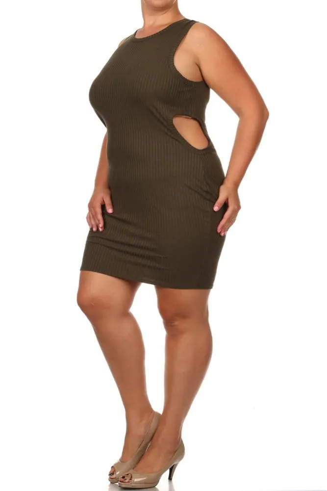Plus Size Sassy Cut Out Ribbed Mini Olive Dress