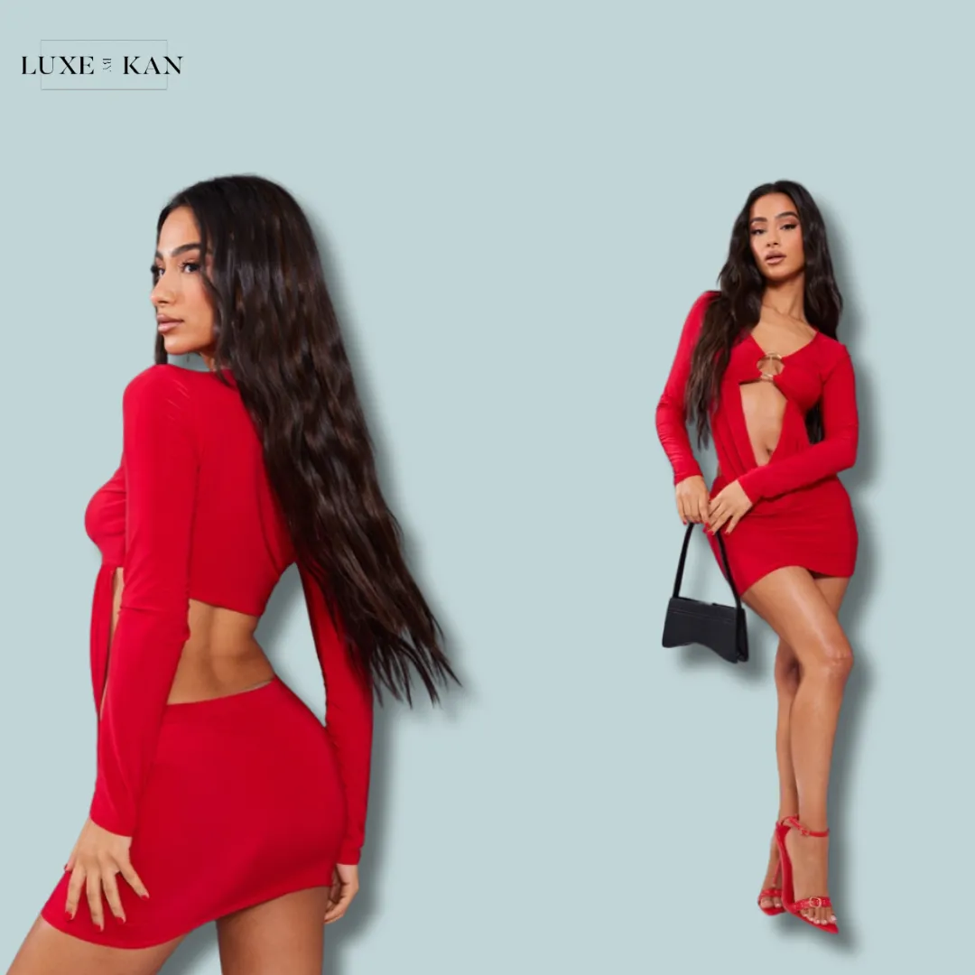 PRETTYLITTLETHING Petite Red Slinky Drape Longsleeve Crop Top