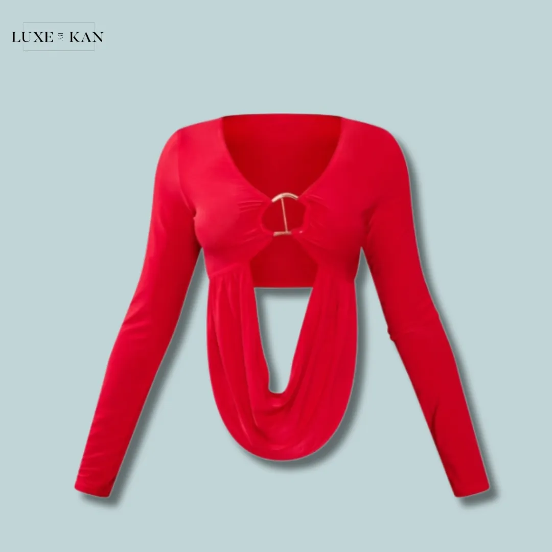 PRETTYLITTLETHING Petite Red Slinky Drape Longsleeve Crop Top