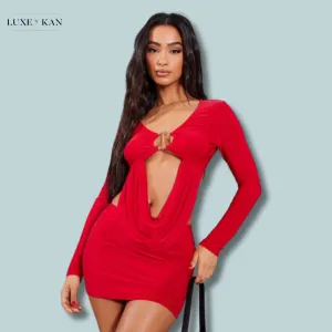PRETTYLITTLETHING Petite Red Slinky Drape Longsleeve Crop Top