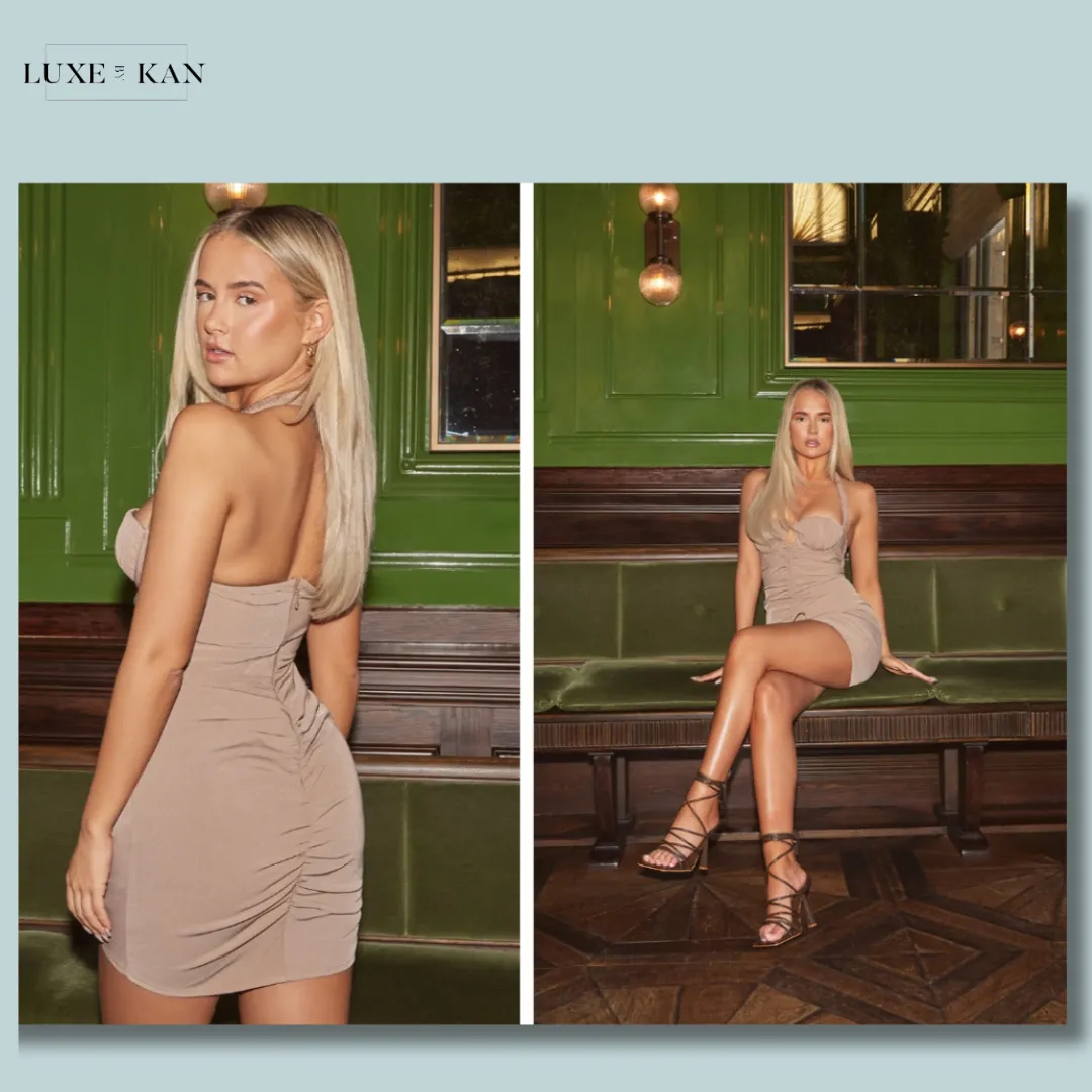 PRETTYLITTLETHING Taupe Ruched Front Halterneck Bodycon Dress