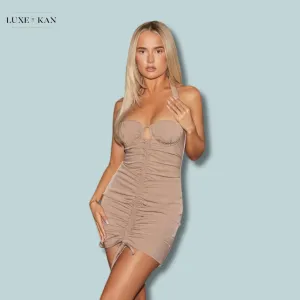 PRETTYLITTLETHING Taupe Ruched Front Halterneck Bodycon Dress
