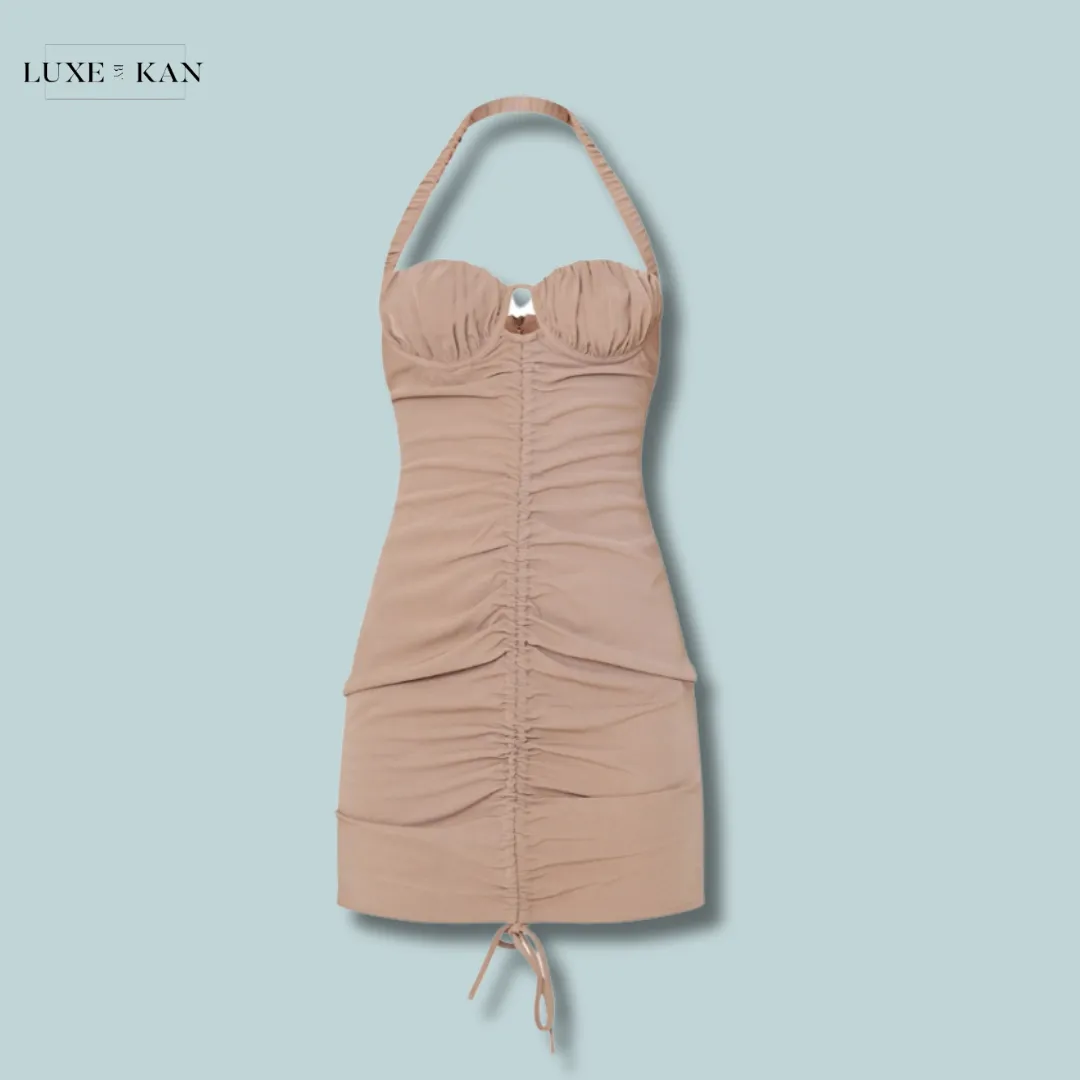 PRETTYLITTLETHING Taupe Ruched Front Halterneck Bodycon Dress