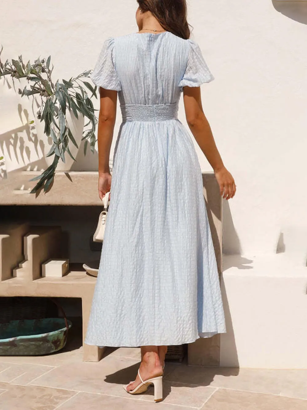 Puff Sleeve V-Neck Charming Long Oversized Hem Dress